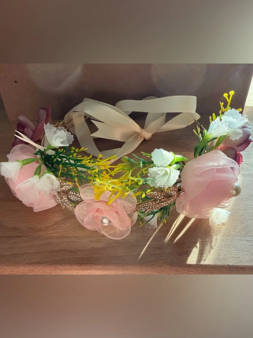 Floral Ribbon Crown Adjustable Headband with Satin Ribbon Tie - Pink White Mauve